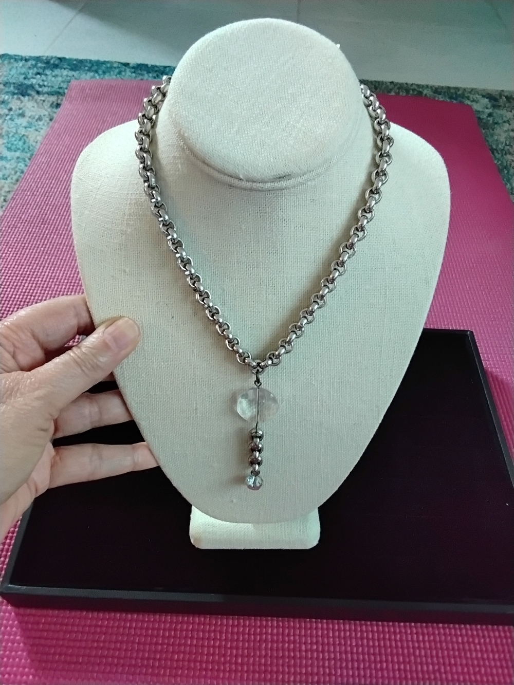 Silver-Tone Chain Necklace with Clear Crystal Drop